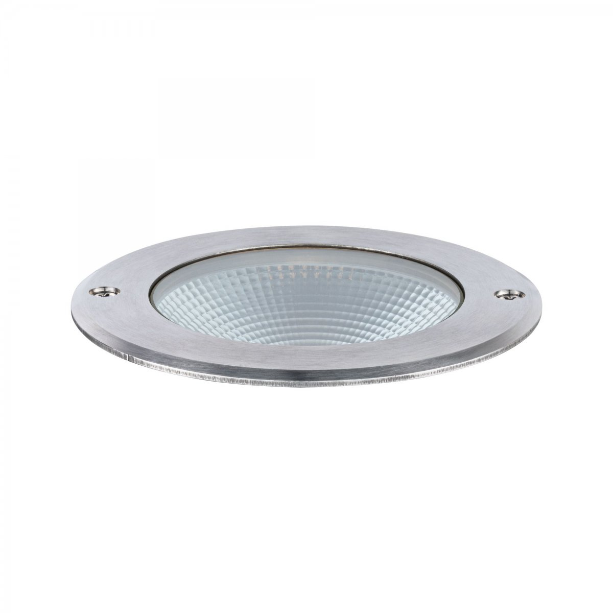 Srebrna, okrągła oprawa oświetleniowa zewnętrzna z żebrowaną szklaną powierzchnią. Białe tło.