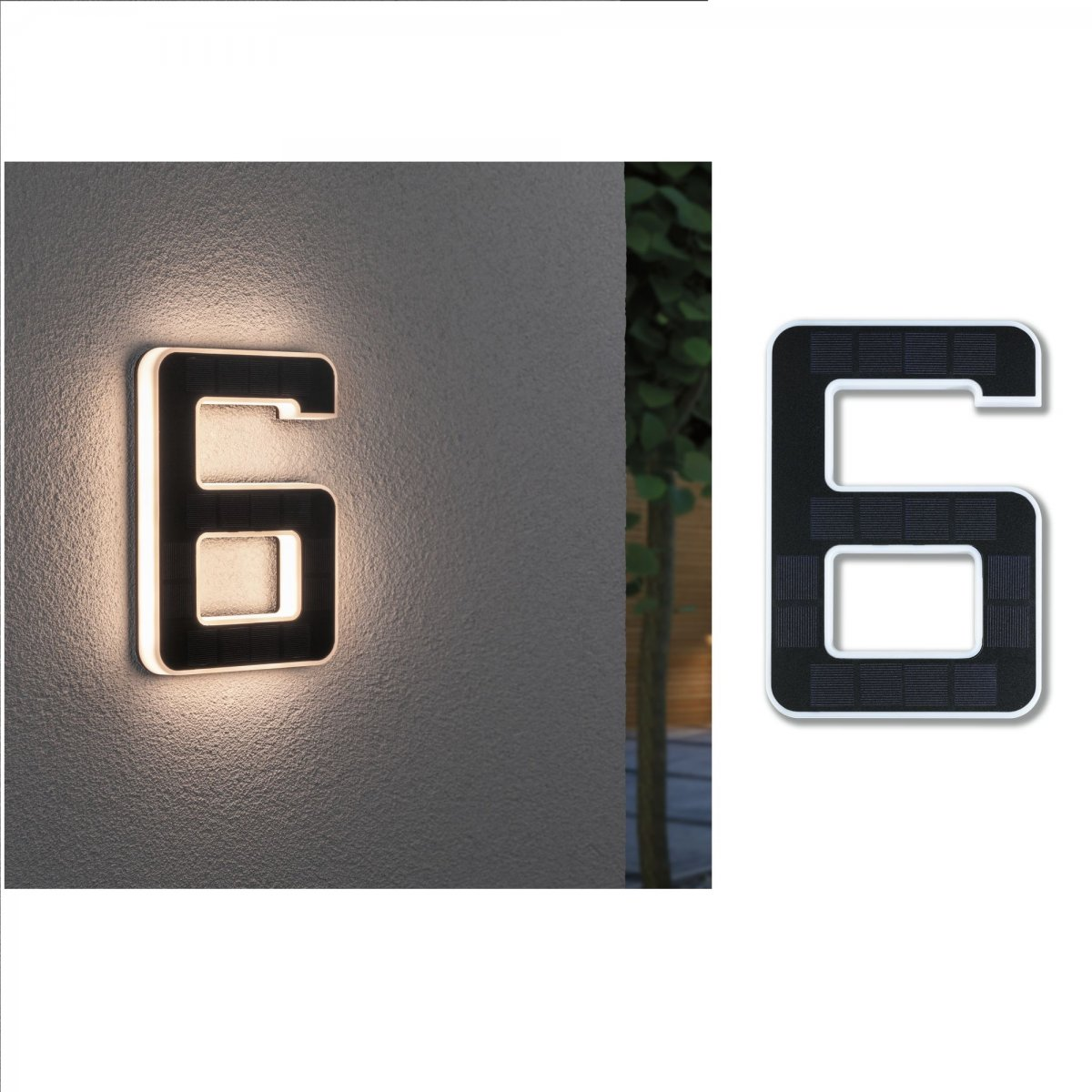 Oświetlona cyfra 6 na ścianie. Czarna cyfra z białym obramowaniem. Światło jest włączone.