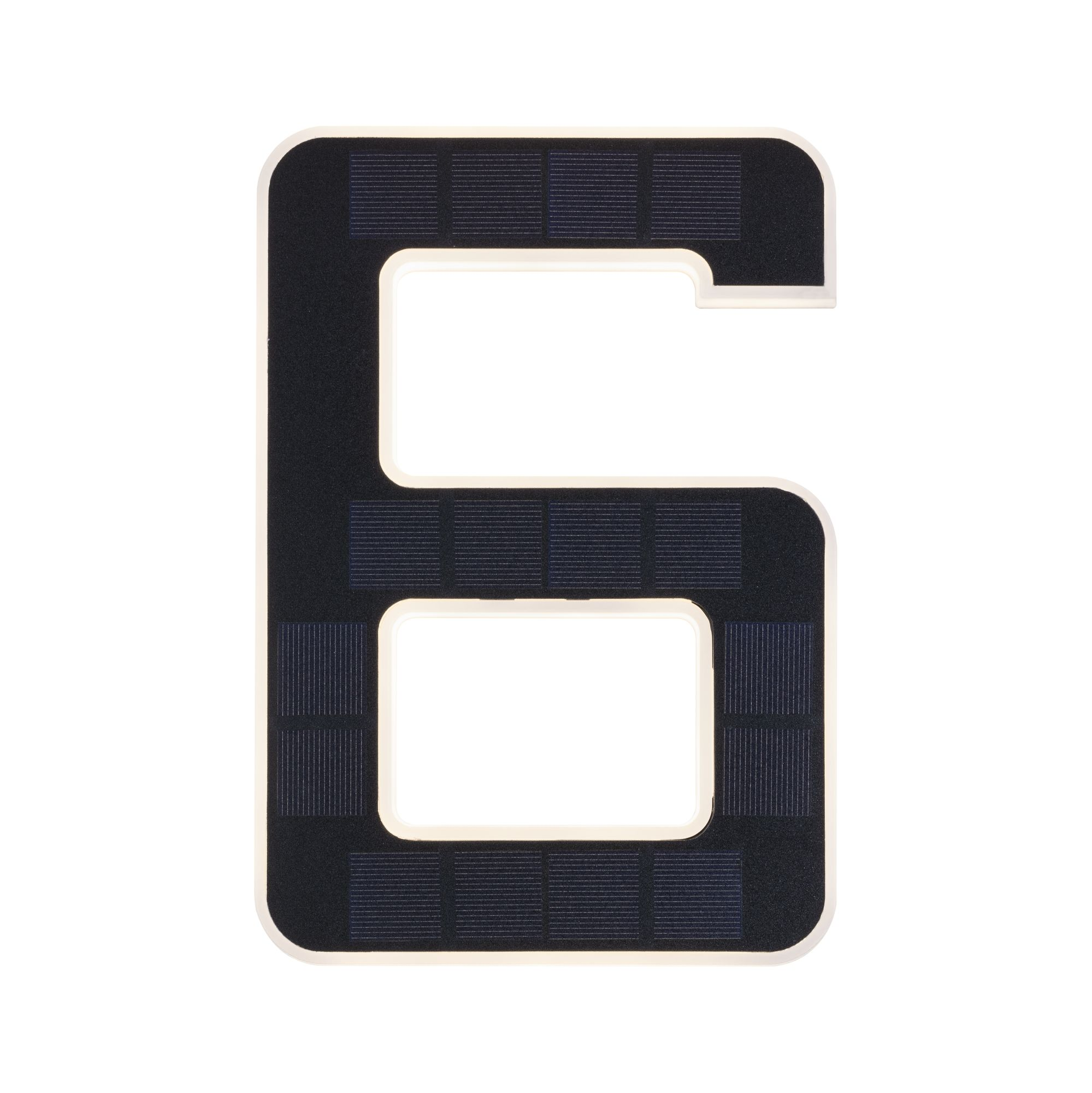 Czarny numer 6 solarny, biała obwódka, panele słoneczne. Białe tło.