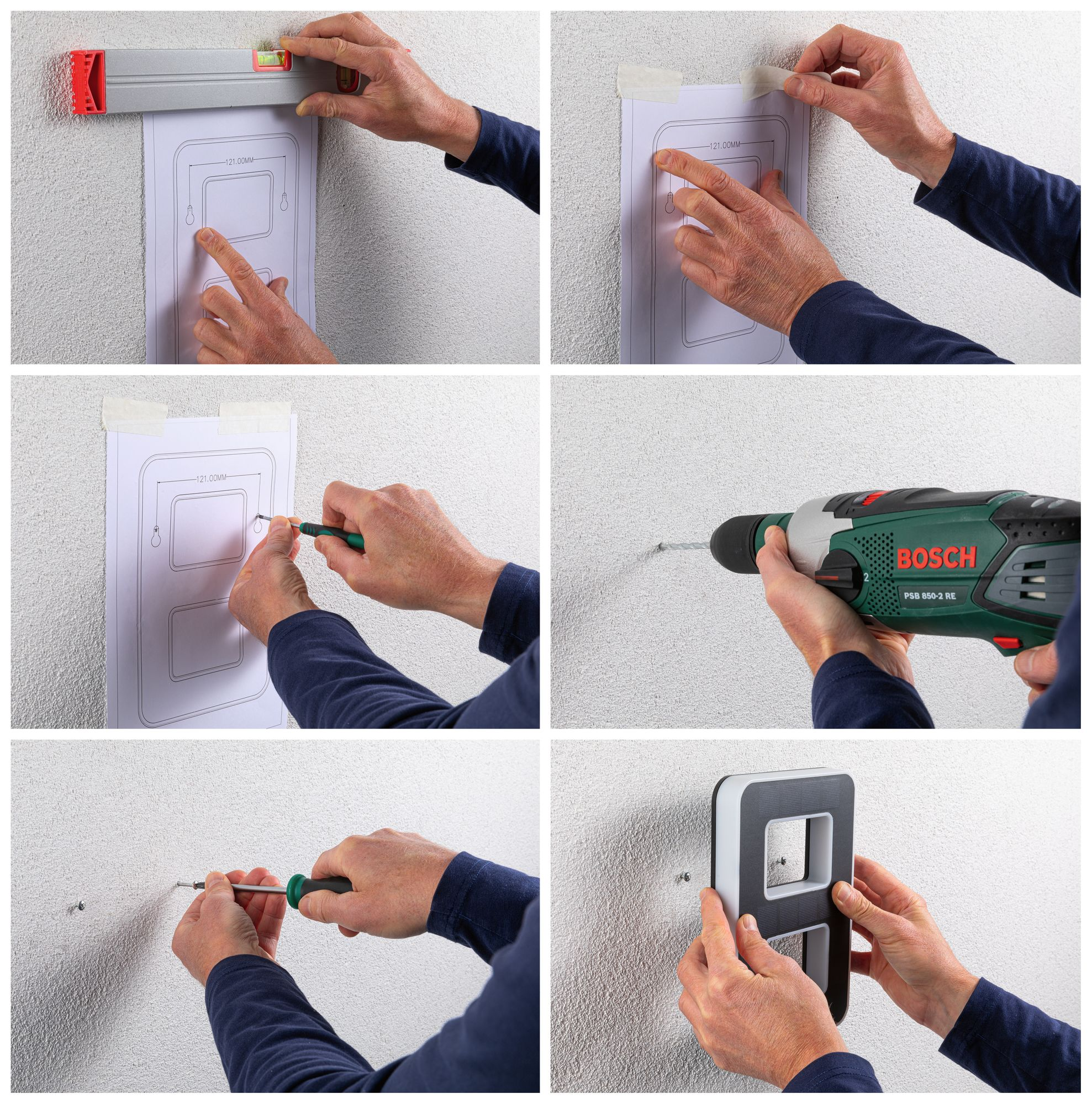 Sekwencja pokazująca osobę używającą narzędzi do zawieszania ramy obrazu na białej ścianie. Zawiera poziomicę, ołówek, wiertarkę.