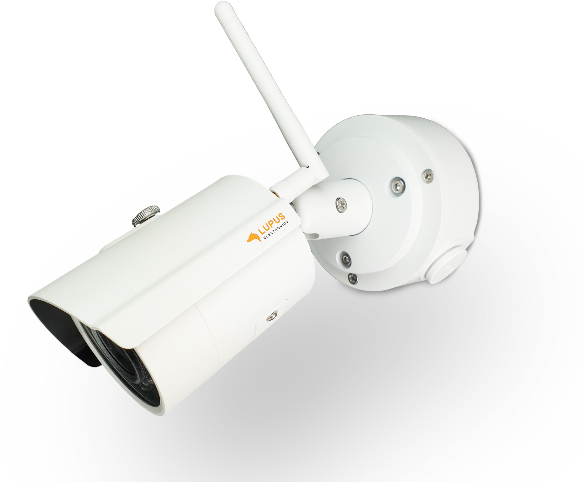 Weiße Überwachungskamera mit Antenne und weißem Hintergrund. Die Kamera ist montiert.