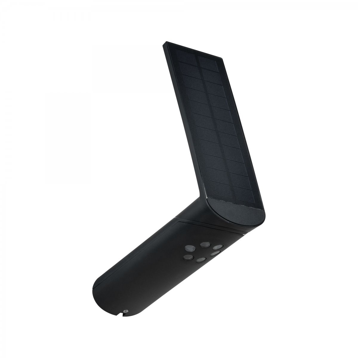 Czarne światło zasilane energią słoneczną. Ma panel słoneczny i cylindryczną podstawę. Białe tło.