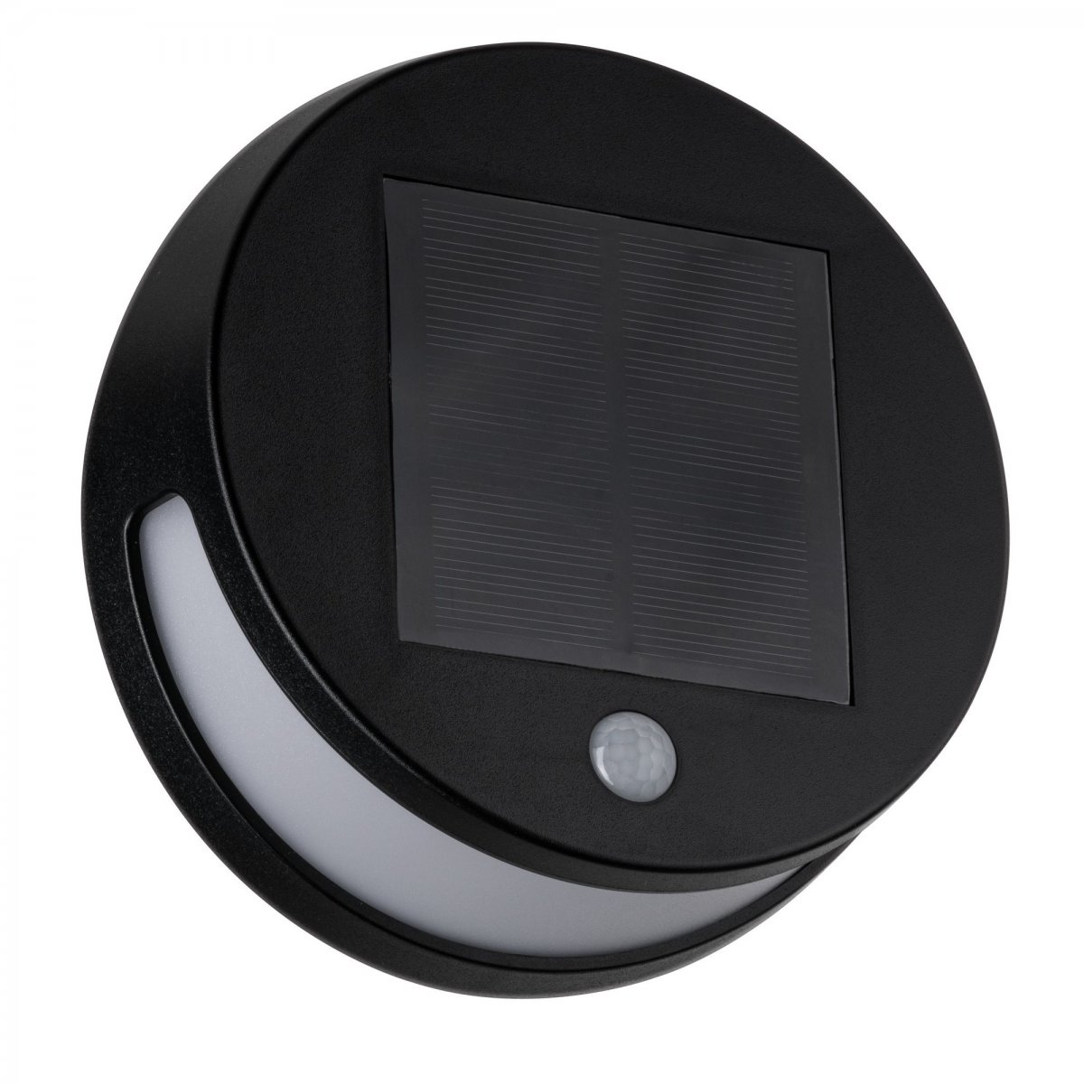 Czarny, okrągły panel oświetleniowy zasilany energią słoneczną z czujnikiem i białym światłem na dole.