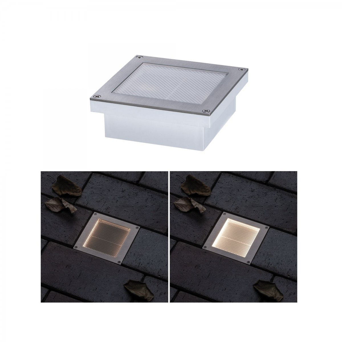 Kwadratowa oprawa oświetleniowa na ceglanej powierzchni. Światło jest włączone na jednym zdjęciu, a na drugim wyłączone.