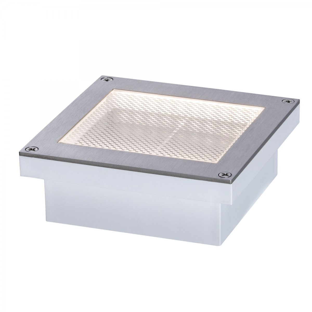 Kwadratowa biała oprawa oświetleniowa zewnętrzna z metalową kratką, widziana z niskiego kąta.