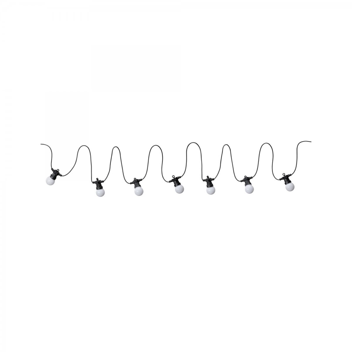 Szereg białych żarówek na czarnym przewodzie, w falistym wzorze.