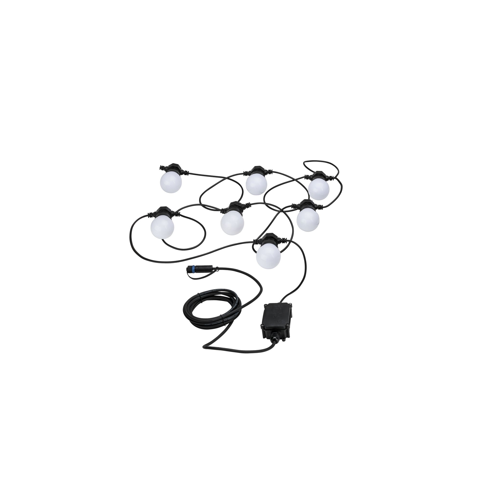 Lampki choinkowe z białymi żarówkami. Czarny kabel i skrzynka kontrolna widoczne.