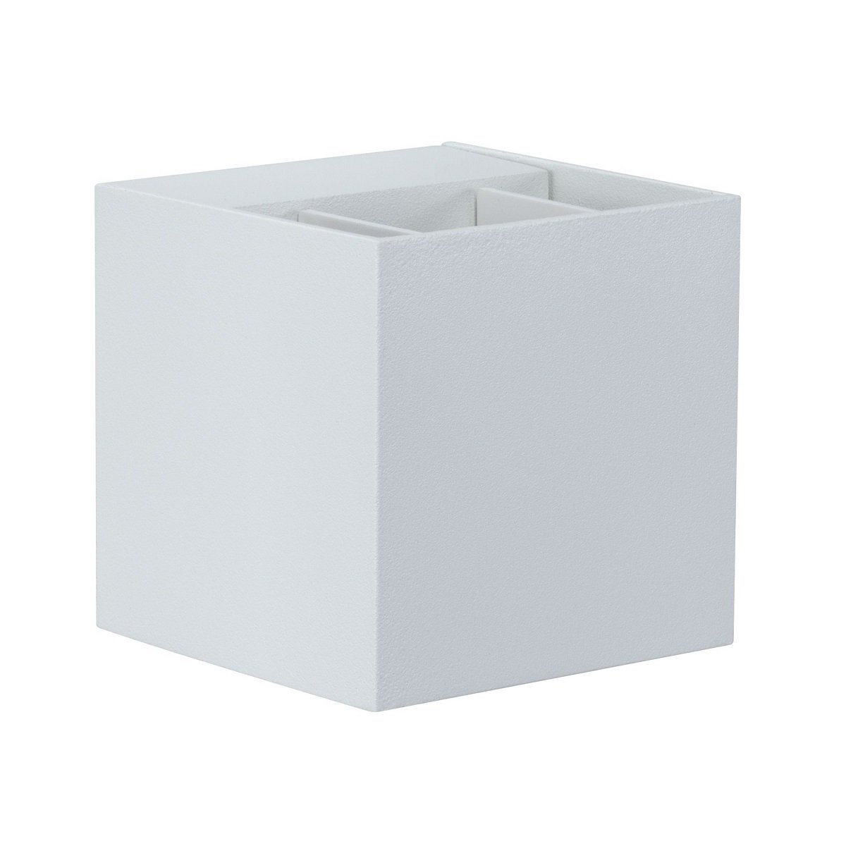 Biała kostka z teksturowaną powierzchnią, z trzema przegródkami widocznymi z góry.