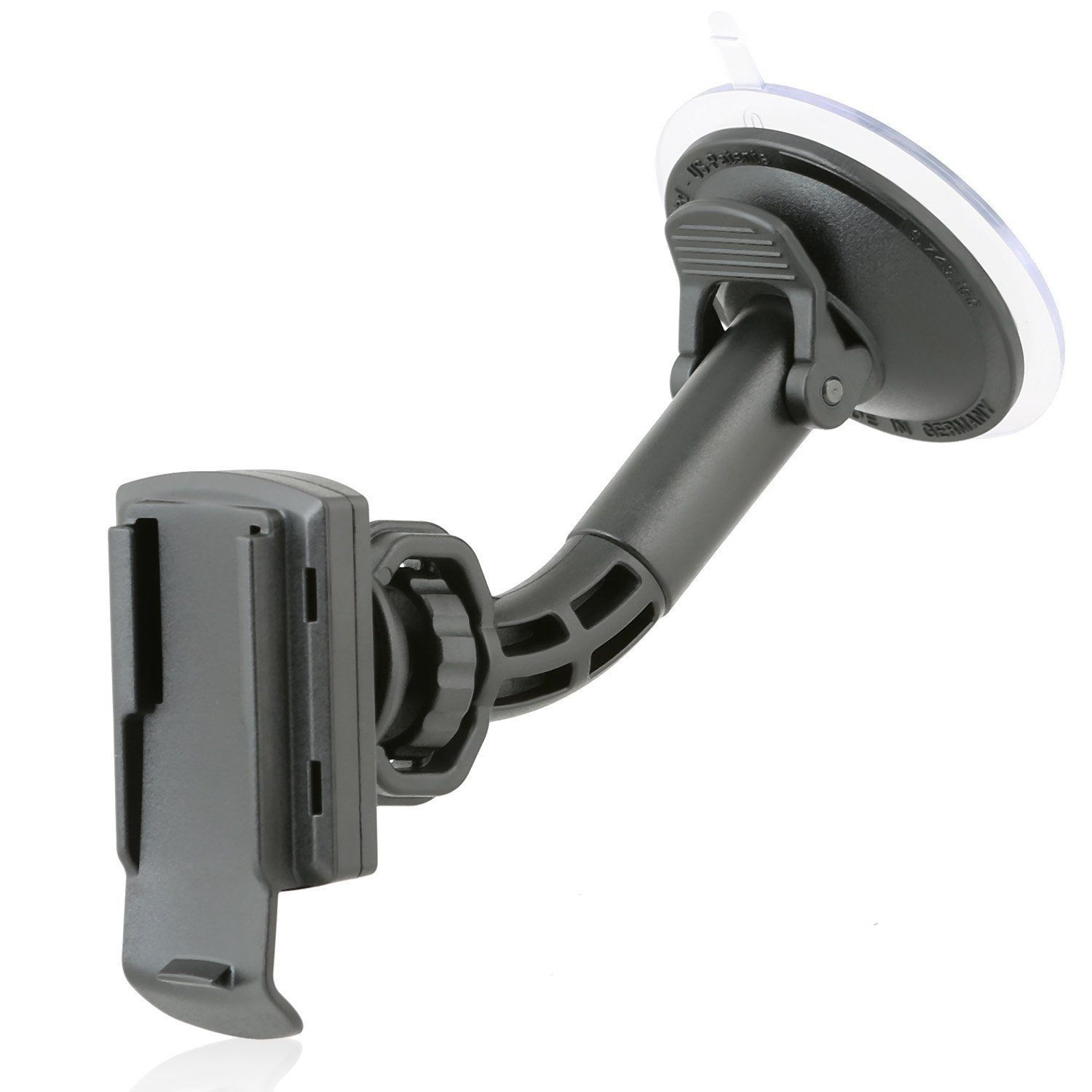 Schwarzer Autotelefonhalter mit Saugnapf, verstellbarem Arm und Halterung.