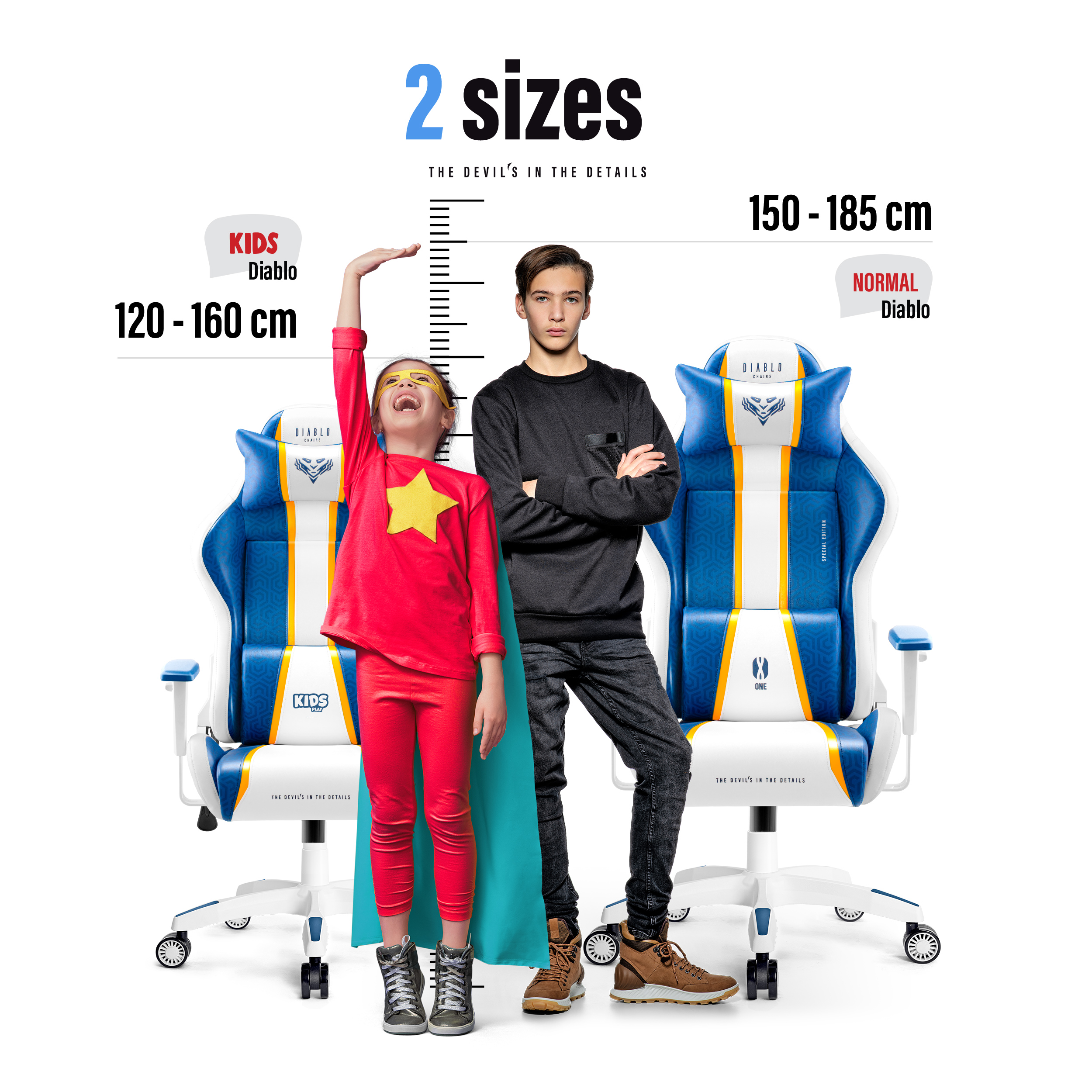Zwei Gaming-Stühle mit einem Kind und einem Teenager daneben. Text: 2 Größen.