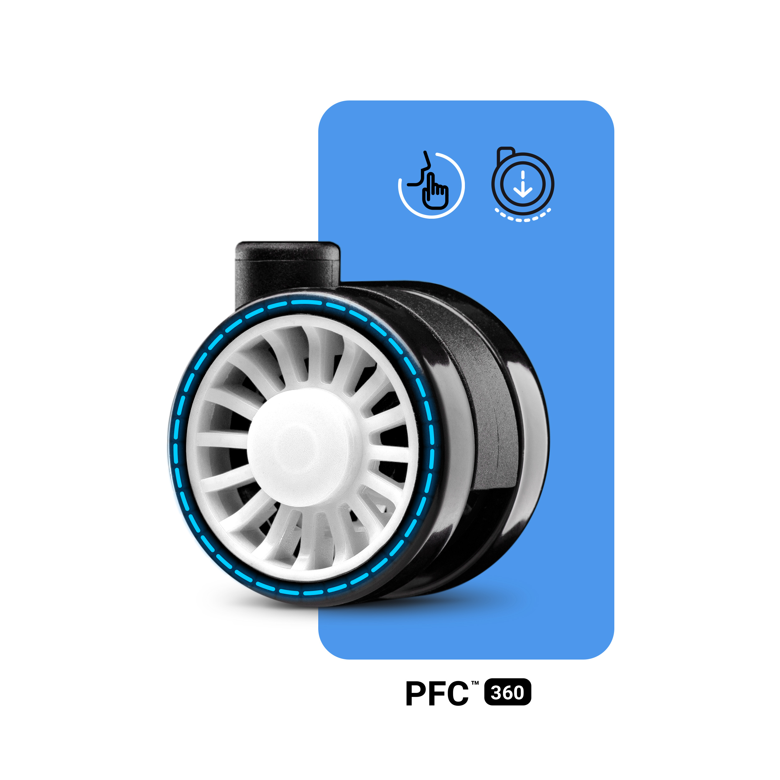 Koło, czarno-białe, z niebieskim akcentem. Tekst brzmi PFC 360.