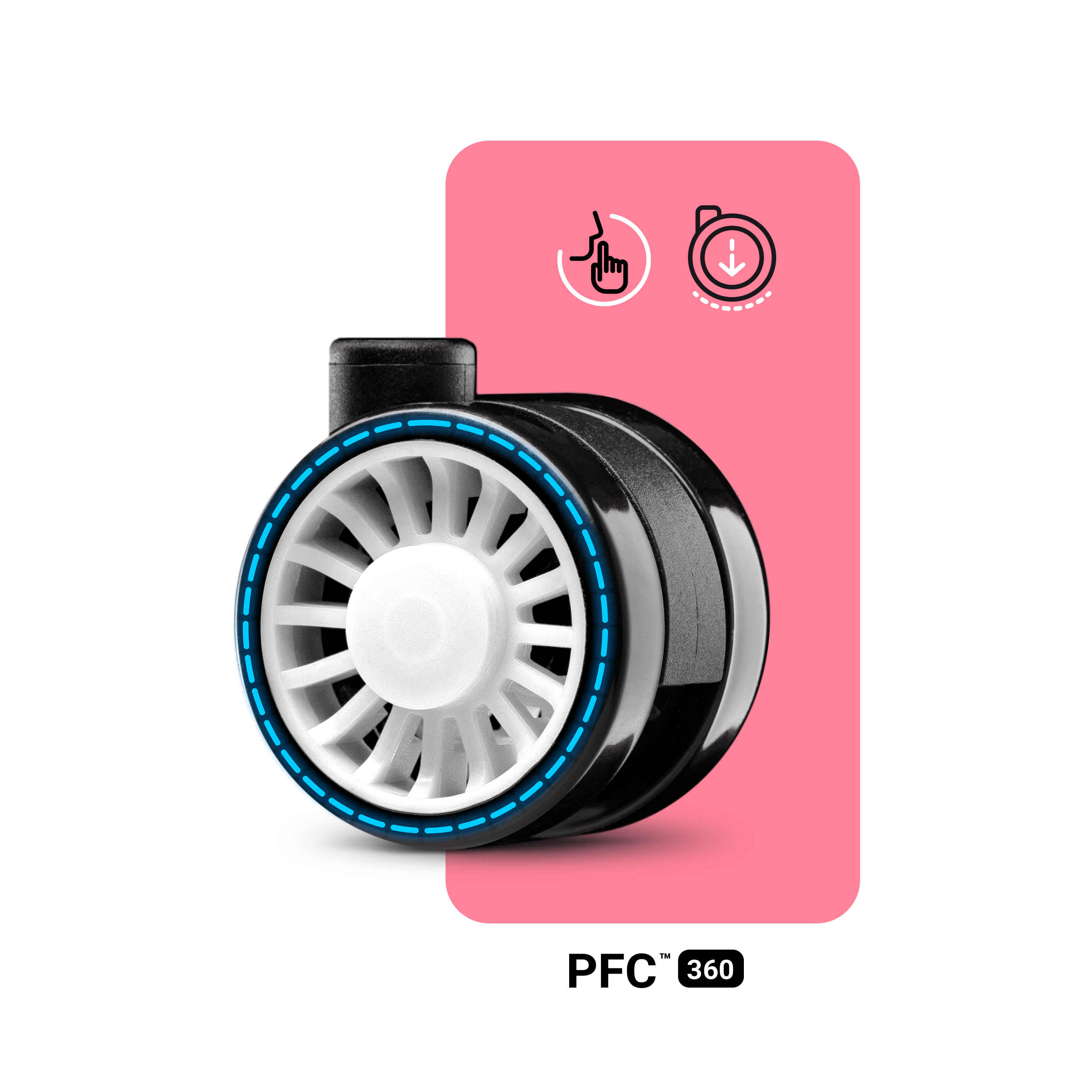 Czarno-białe koło z niebieskimi akcentami i tekstem 'PFC 360' na różowym tle.