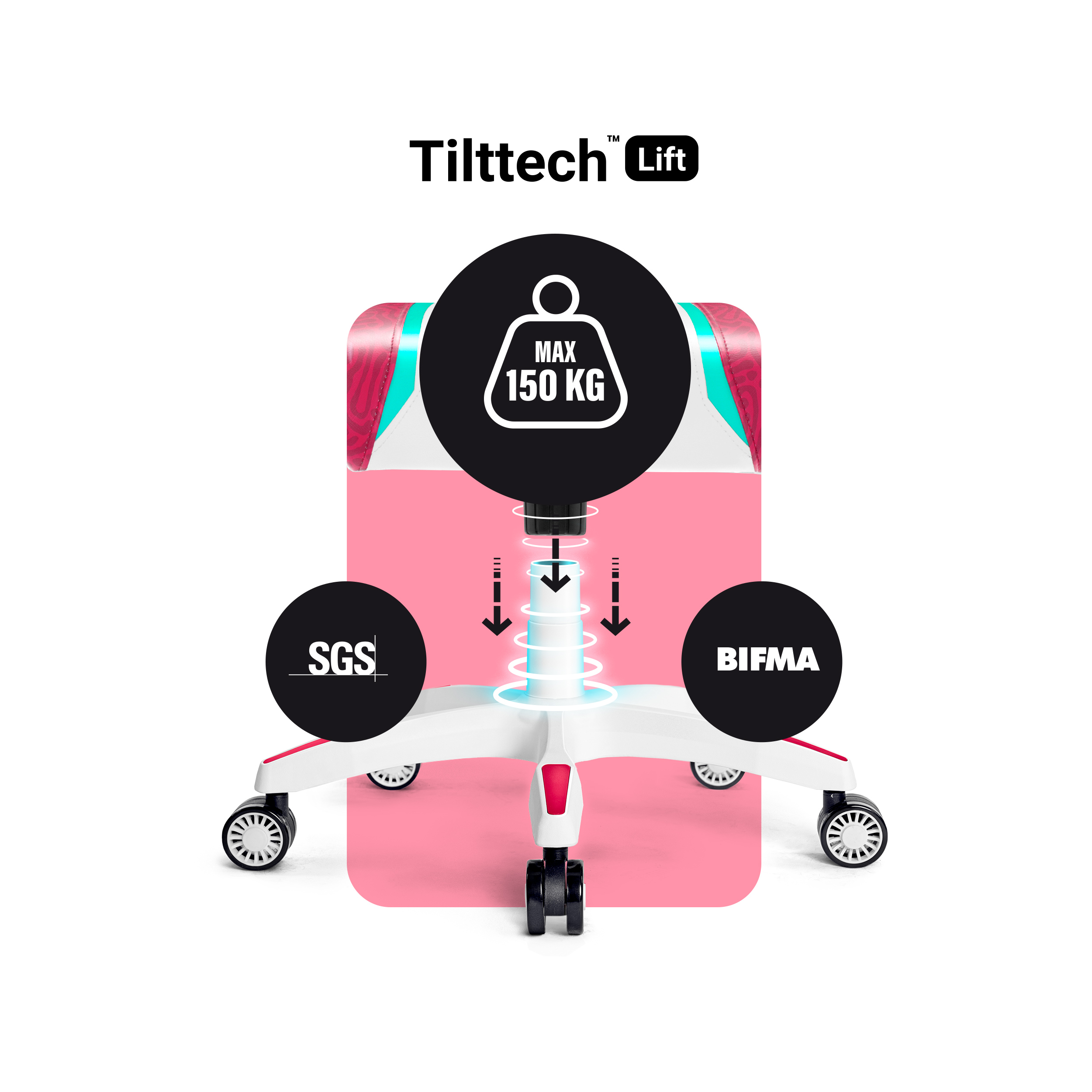 Różowo-białe krzesło biurowe o max. wadze 150 KG, z etykietami SGS i BIFMA. Białe tło.