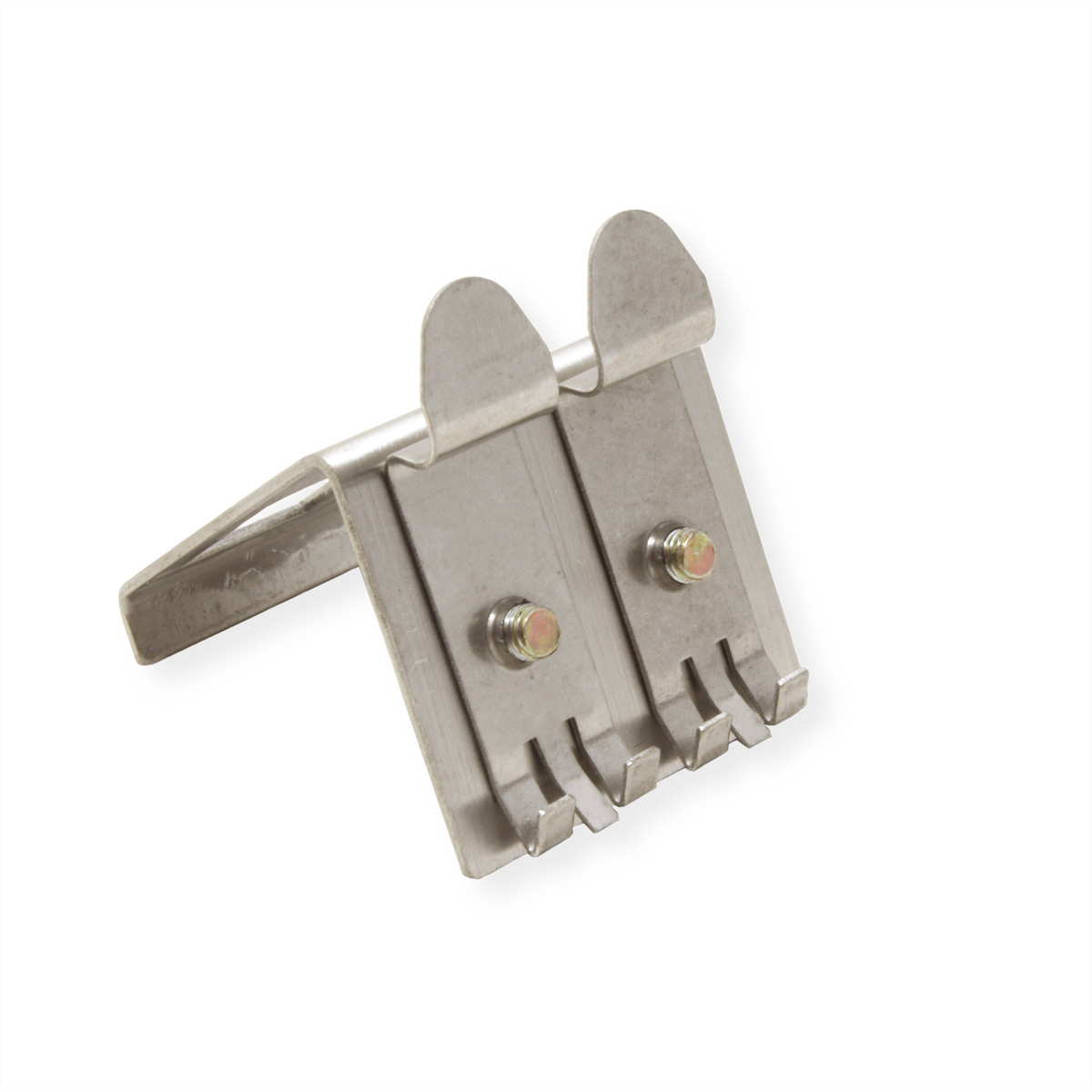 Metallhalterung mit zwei Befestigungspunkten. Die Halterung besteht aus Metall.