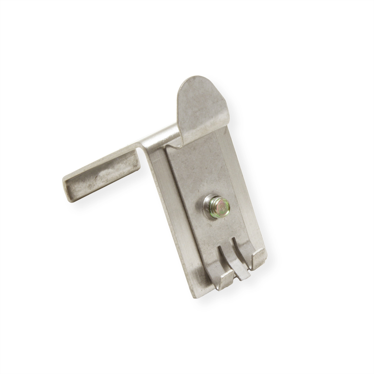 Ein Metallclip mit langem Arm und gekerbtem Rand wird auf weißem Hintergrund gezeigt.