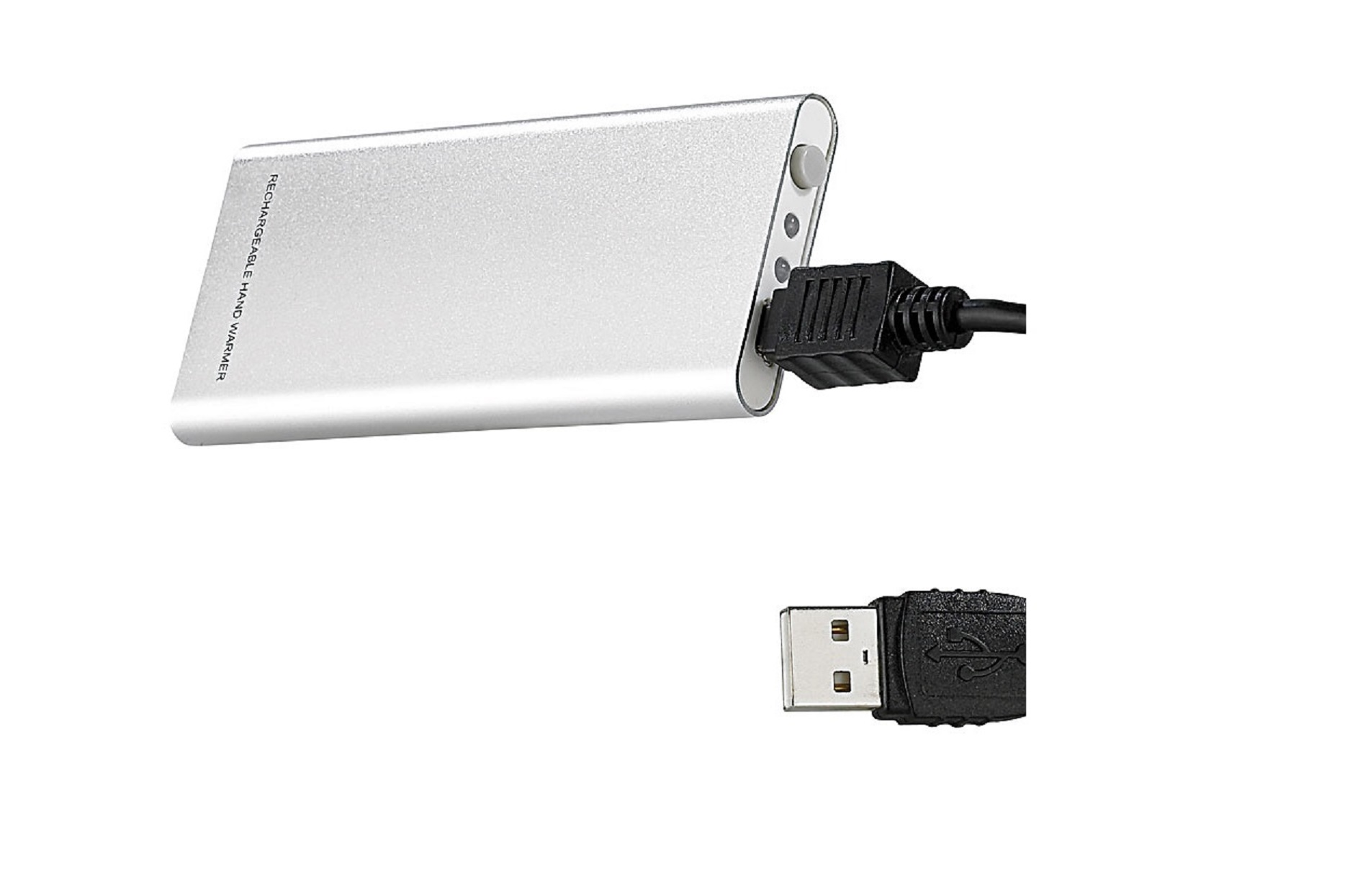 Silberner Handwärmer mit schwarzem USB-Kabel und USB-Anschluss.