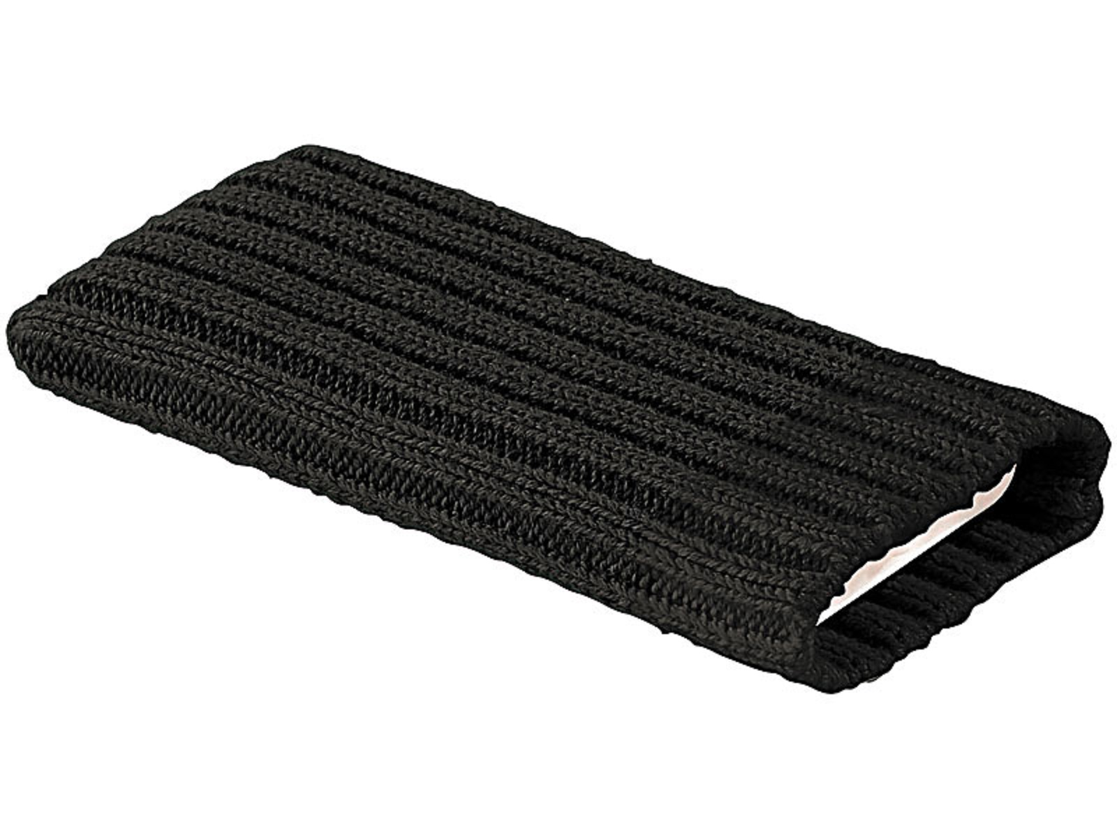 Schwarzes Strick-Armband auf weißer Oberfläche. Das Band ist rechteckig.