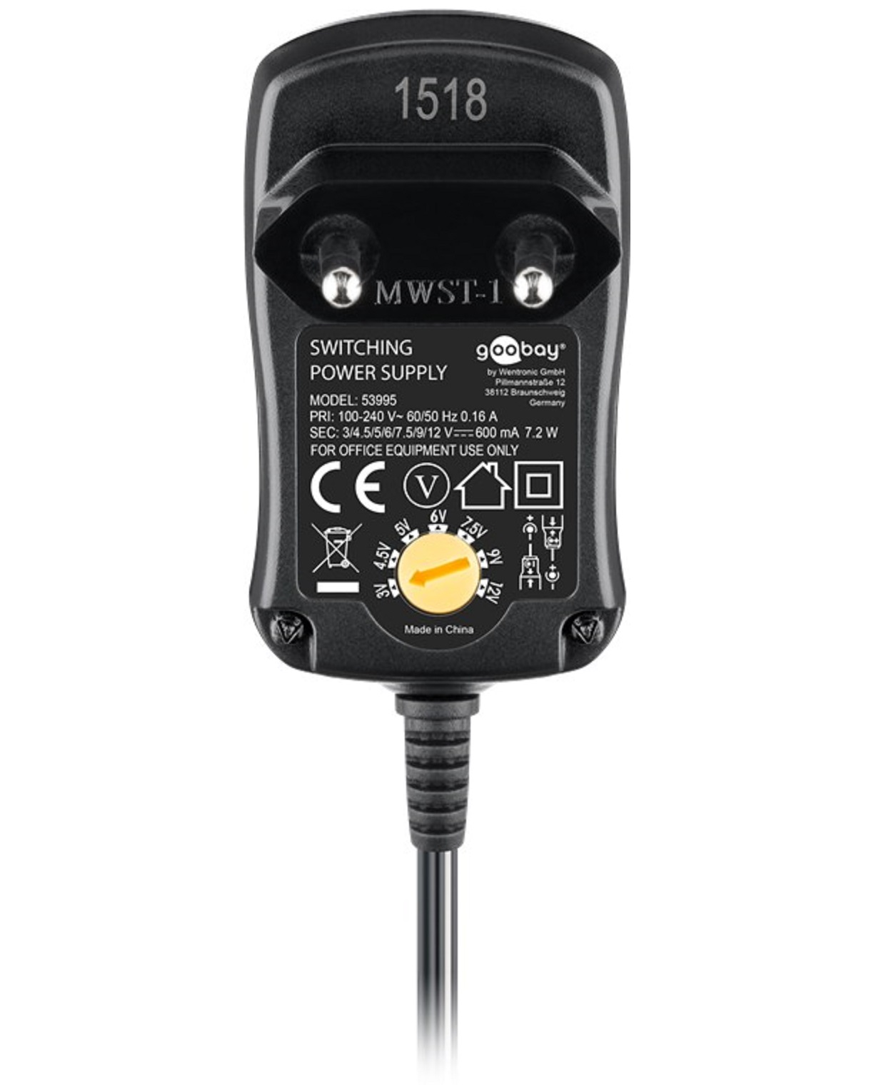 Ein schwarzes Schaltnetzteil mit Text und Netzstecker.