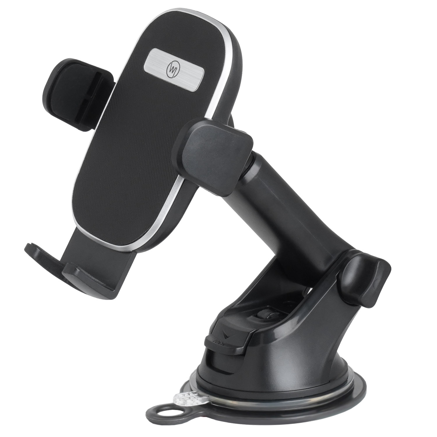 Schwarze Telefonhalterung mit silbernem Akzent und Saugnapfbasis.