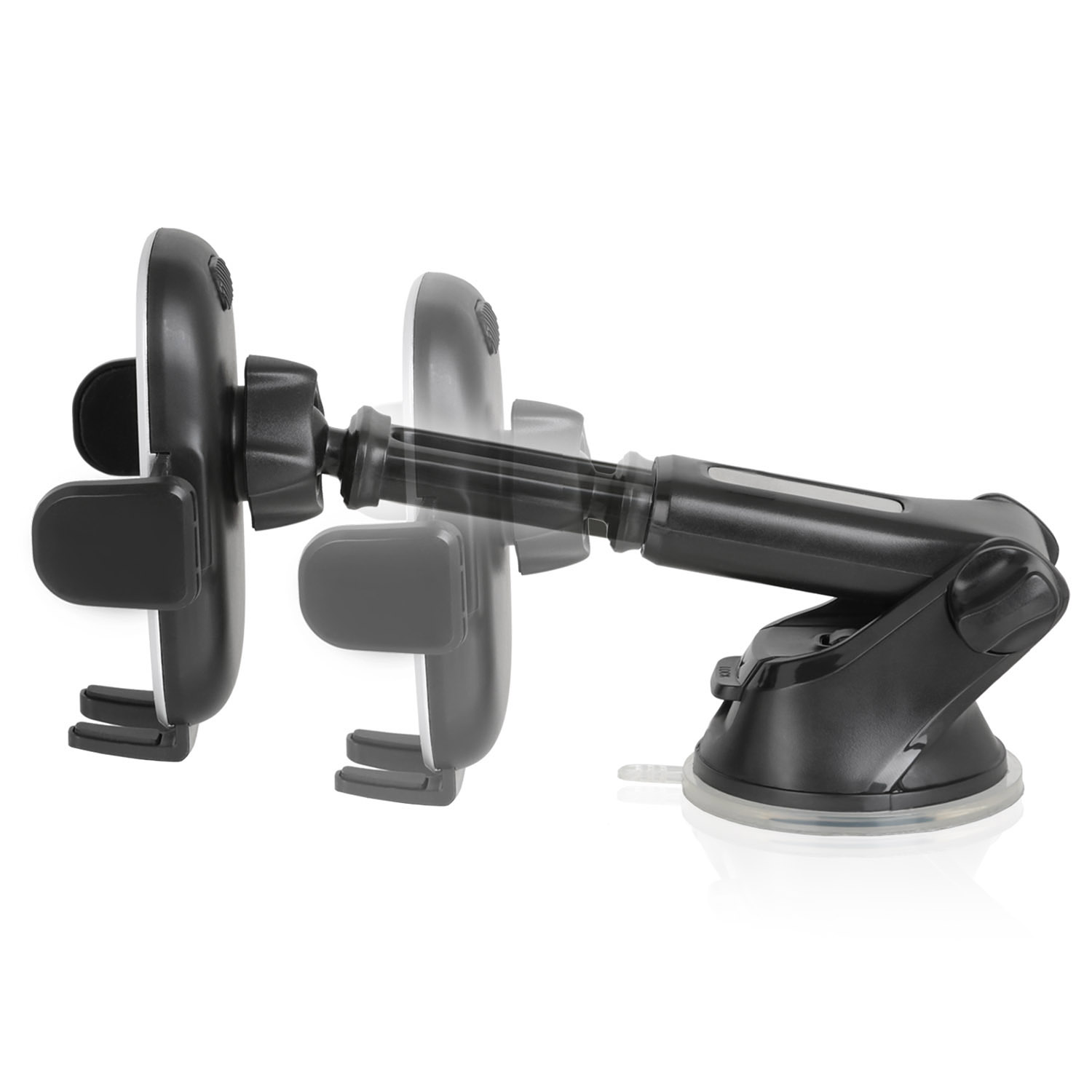 Eine Autotelefonhalterung mit verstellbarem Arm, in mehreren Positionen gezeigt. Sie ist an einem Saugnapf befestigt.
