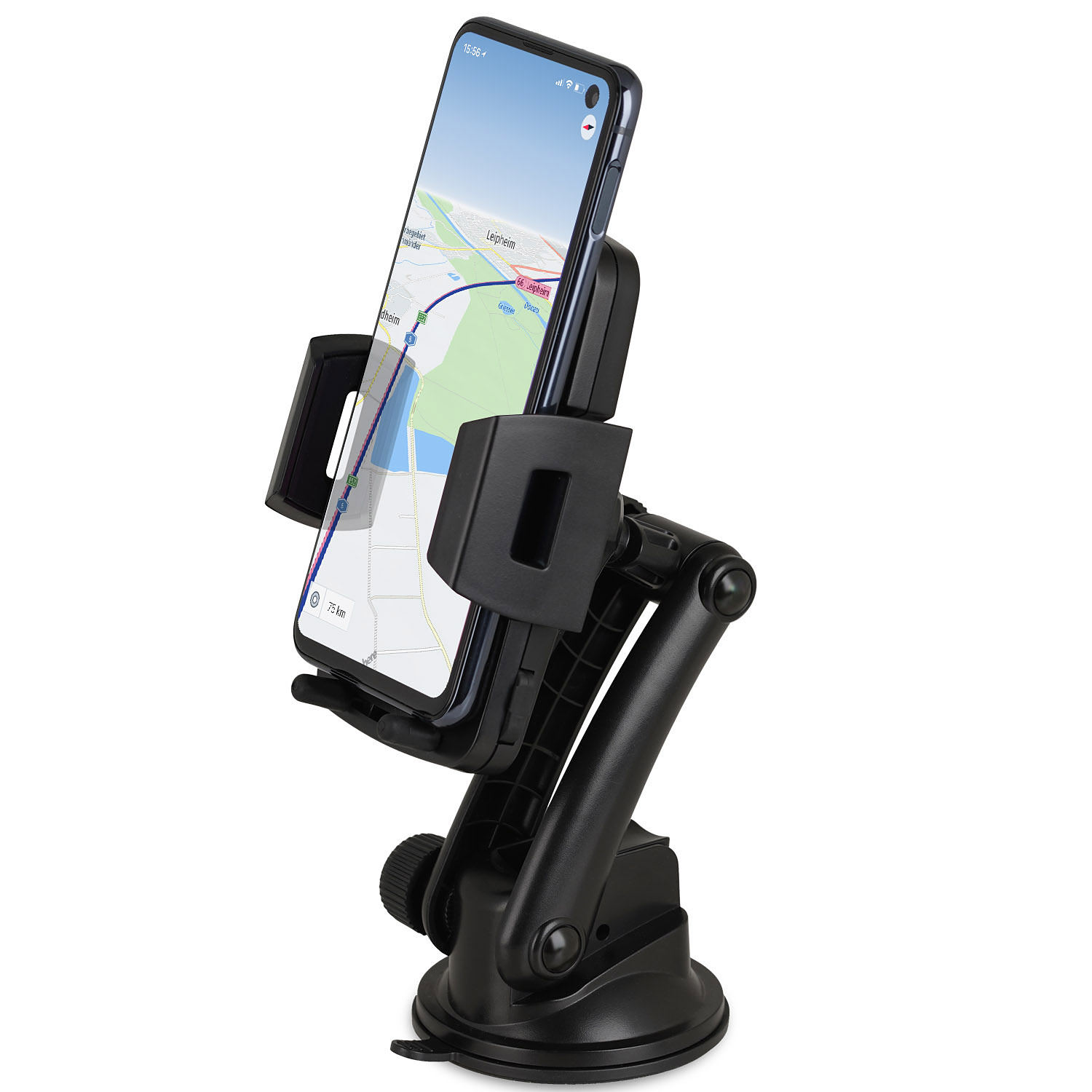 Schwarze Telefonhalterung mit Telefon. Das Telefon zeigt eine Karte. Die Halterung steht auf weißem Grund.