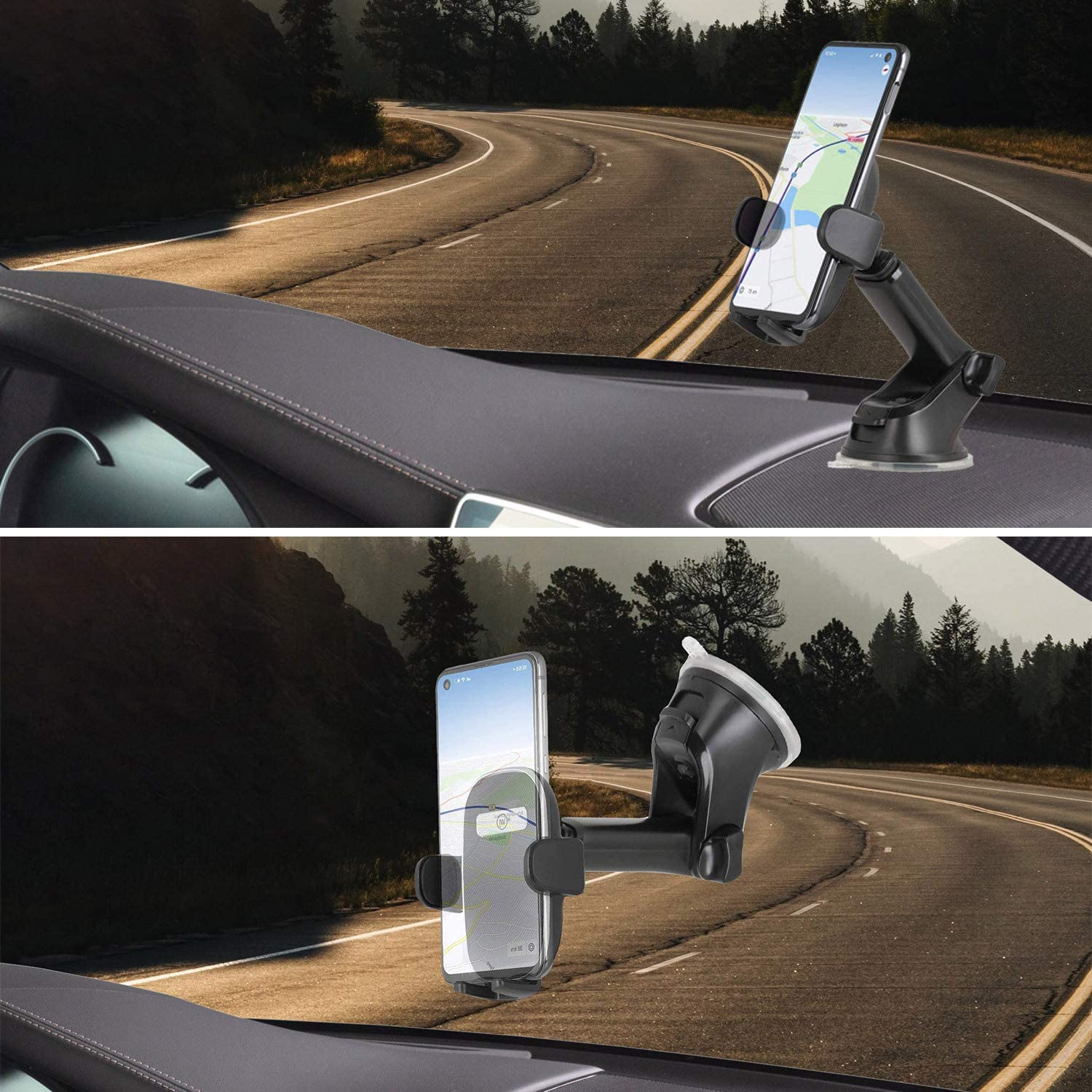 Zwei Bilder eines Telefons, das in einem Auto montiert ist und eine Navigations-App zeigt. Armaturenbrett und Straße sichtbar.