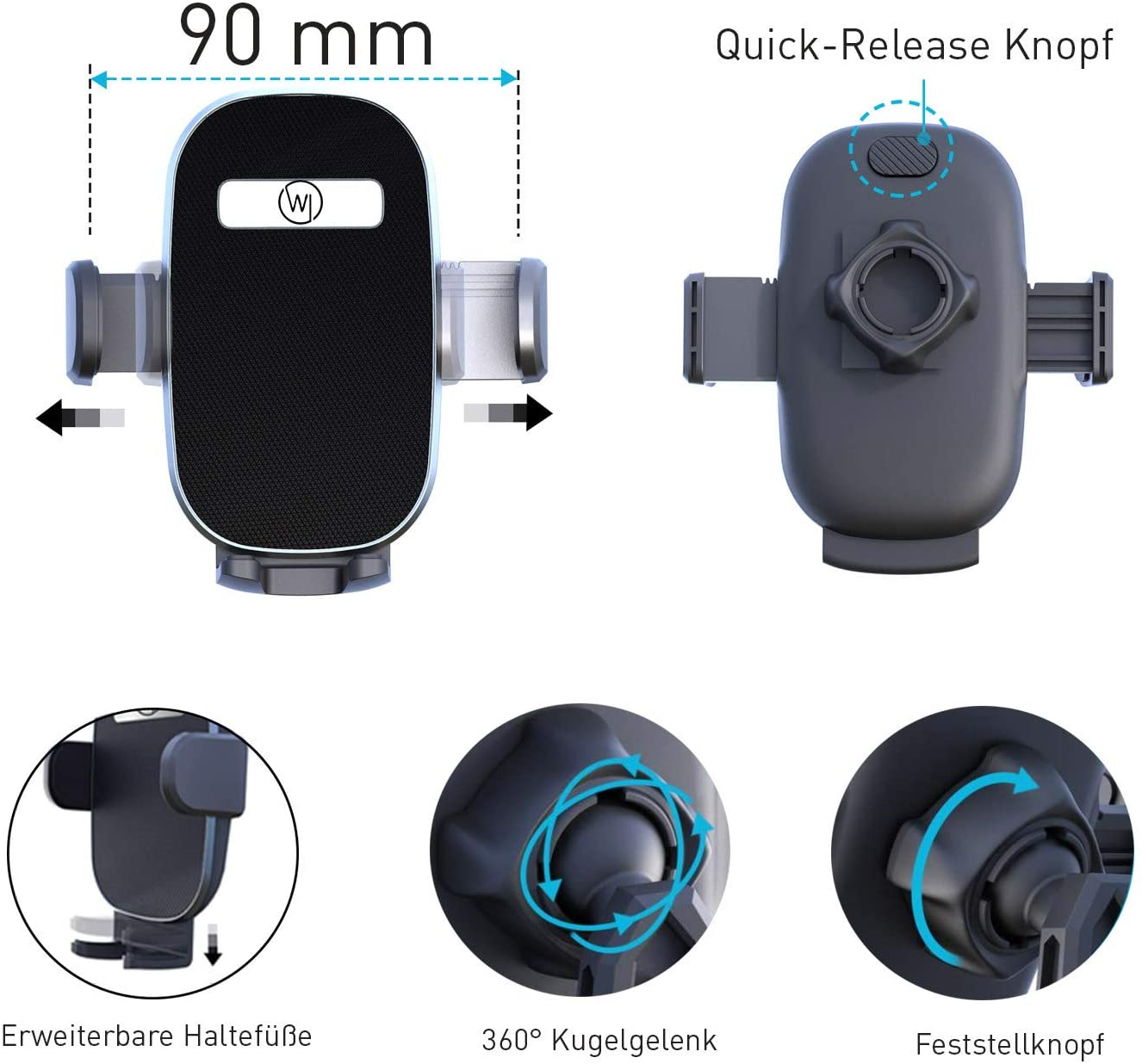 Telefonhalter mit verstellbaren Füßen, einem 360°-Kugelgelenk und einem Feststellknopf. Produkt ist schwarz und grau.