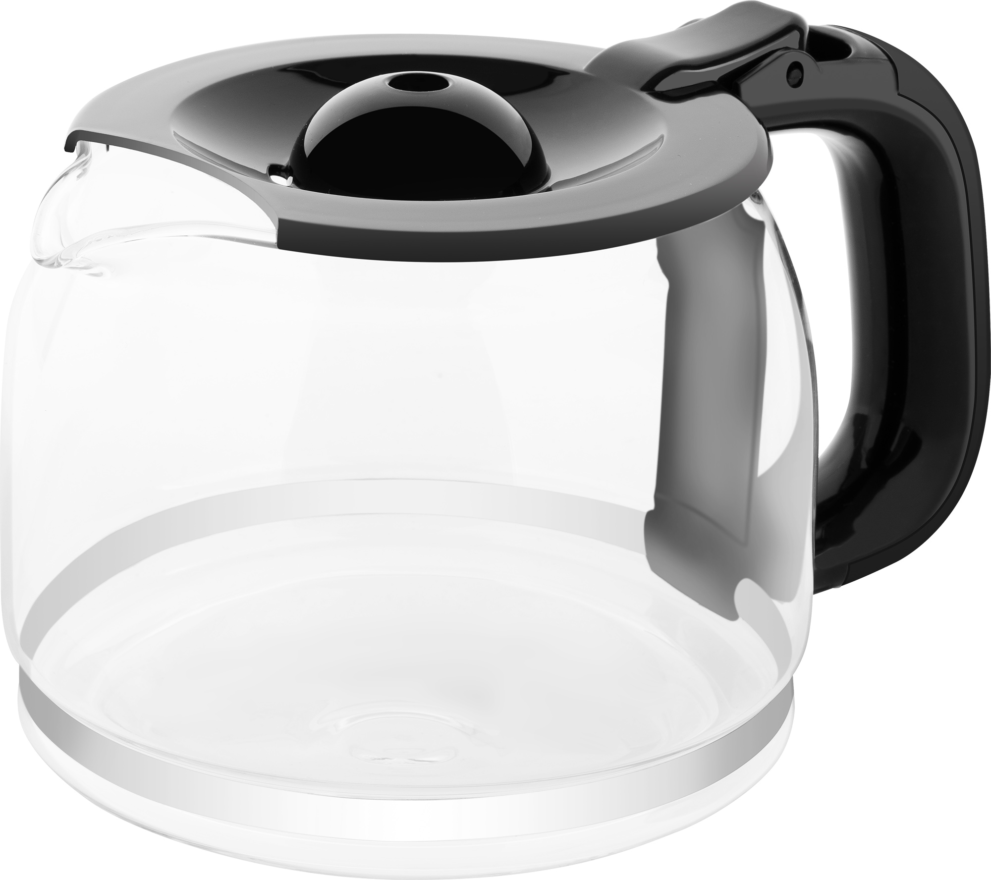 Una jarra de café de vidrio transparente con tapa y asa negras.