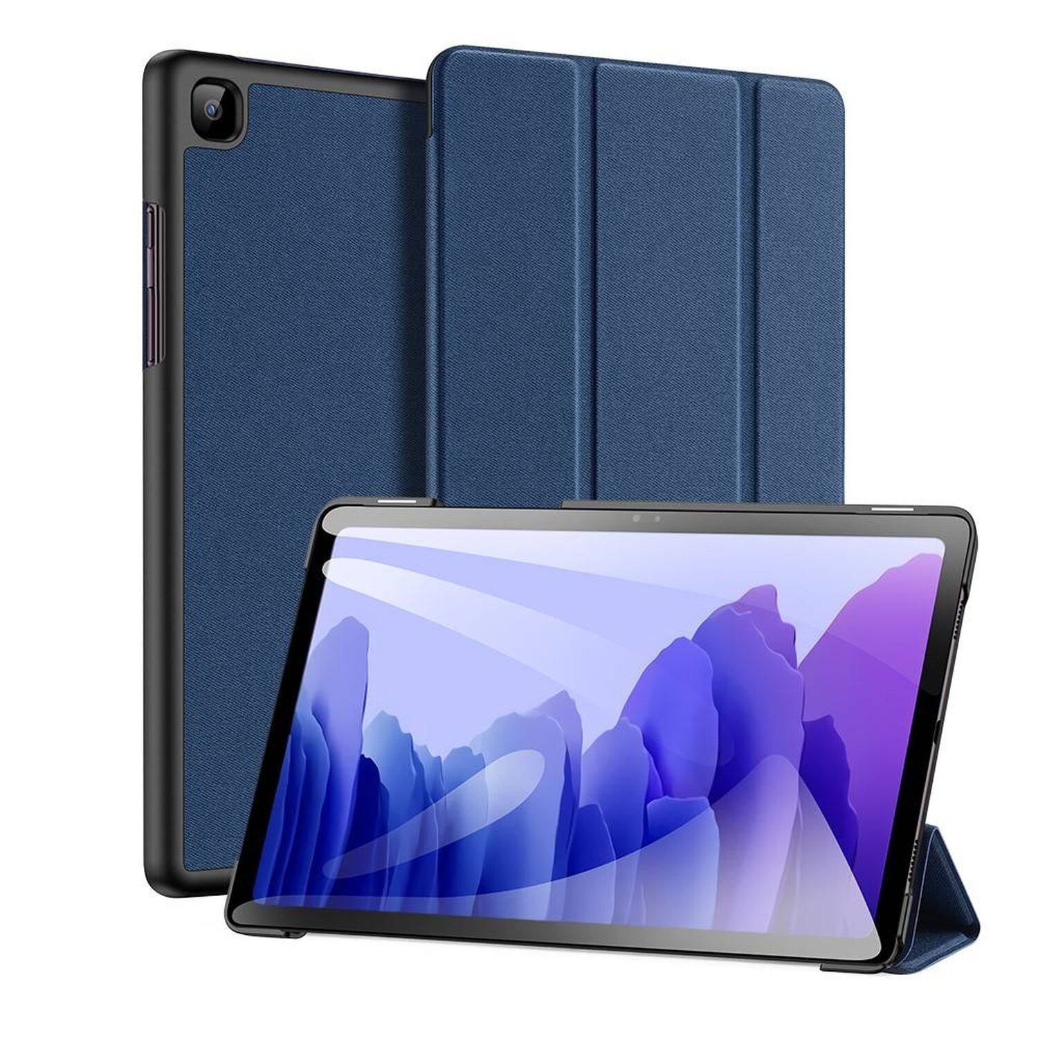 Tablet und blaue Hülle mit Ständer. Das Tablet ist schwarz und der Bildschirm ist an.