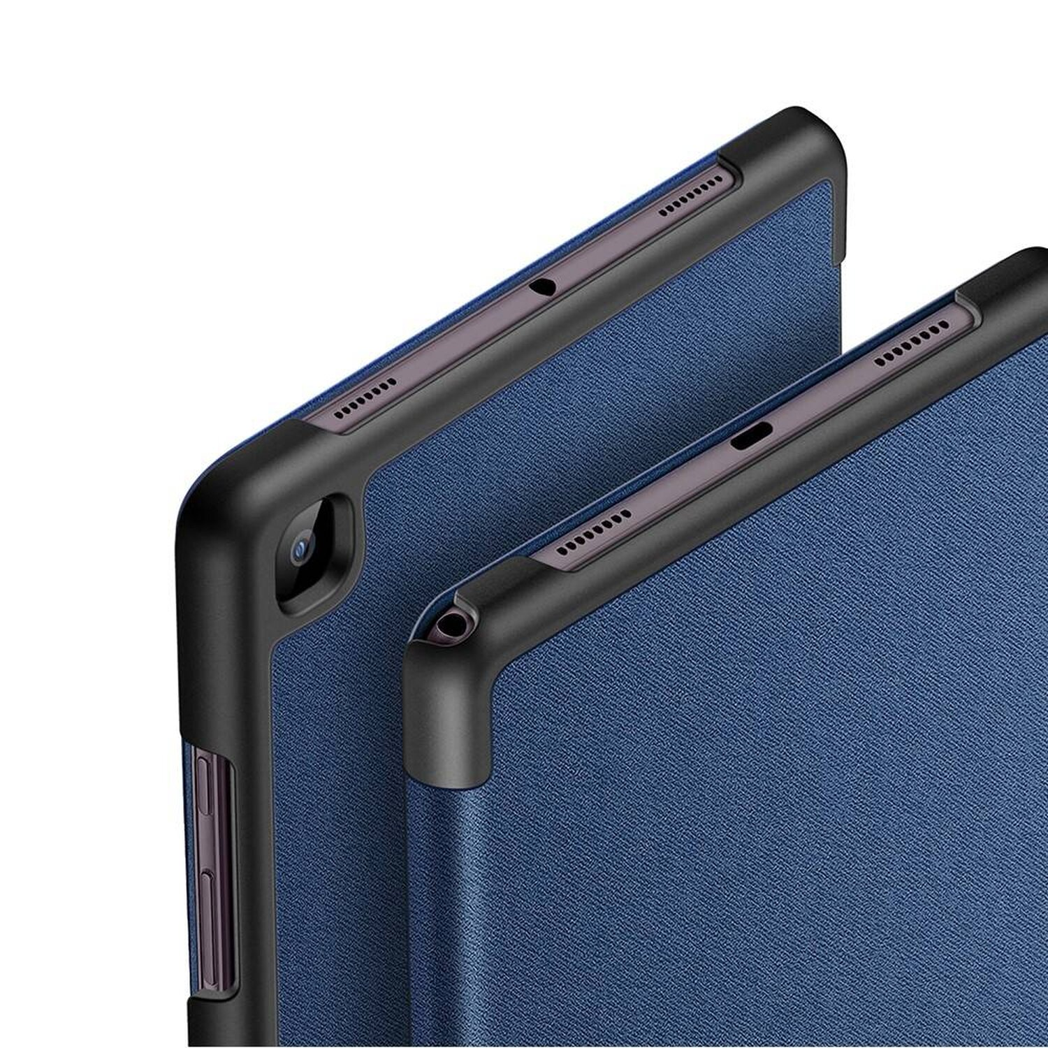 Zwei blaue Tablethüllen mit schwarzen Rahmen, eine überlappt teilweise die andere.