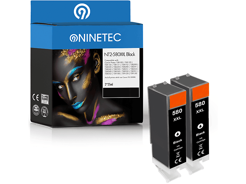 NINETEC 2er Set Patronen ersetzt Canon PGI-580 Tintenpatronen black (2024 C 001)