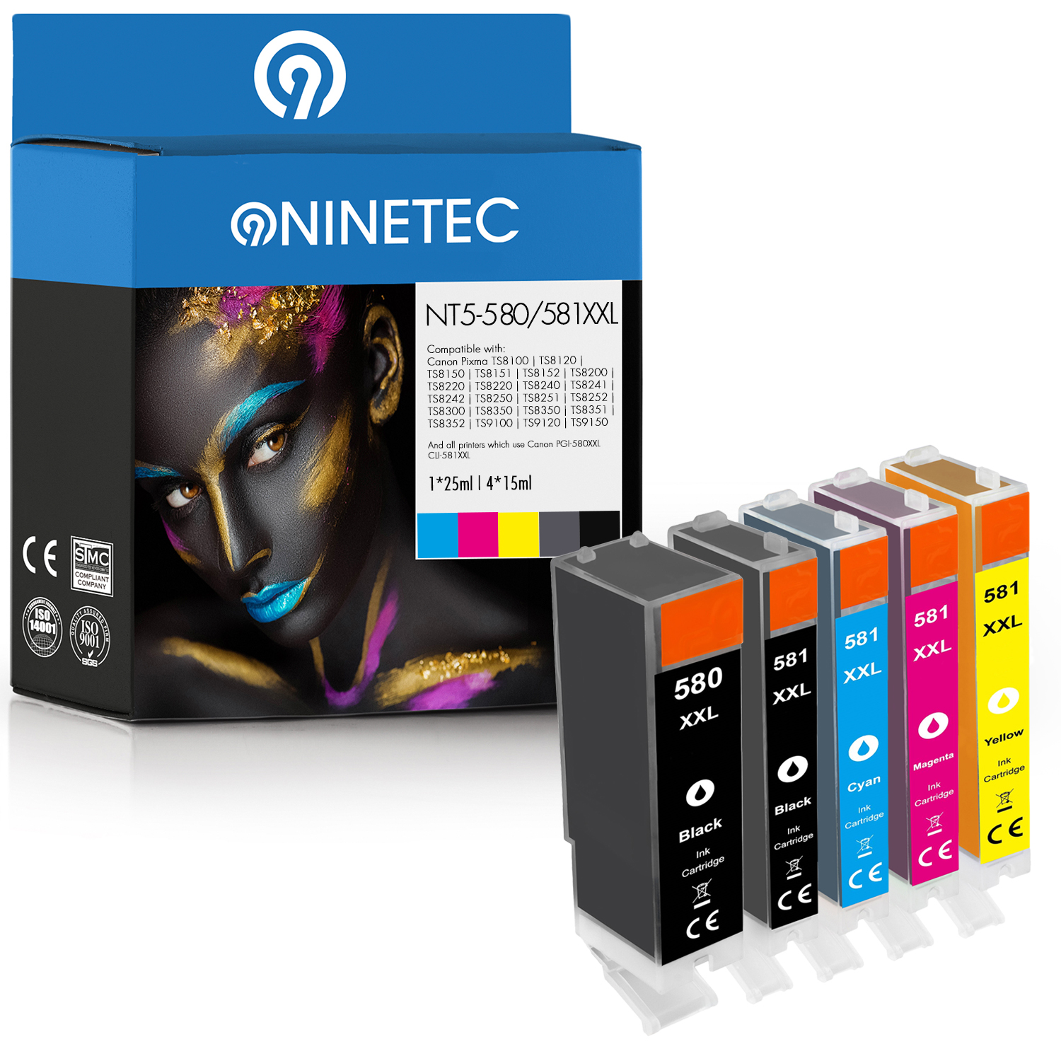 NINETEC 5er Set ersetzt cyan, Tintenpatronen (2024 CLI-581 006) yellow, magenta, photoblack PGI-580 black, Canon C