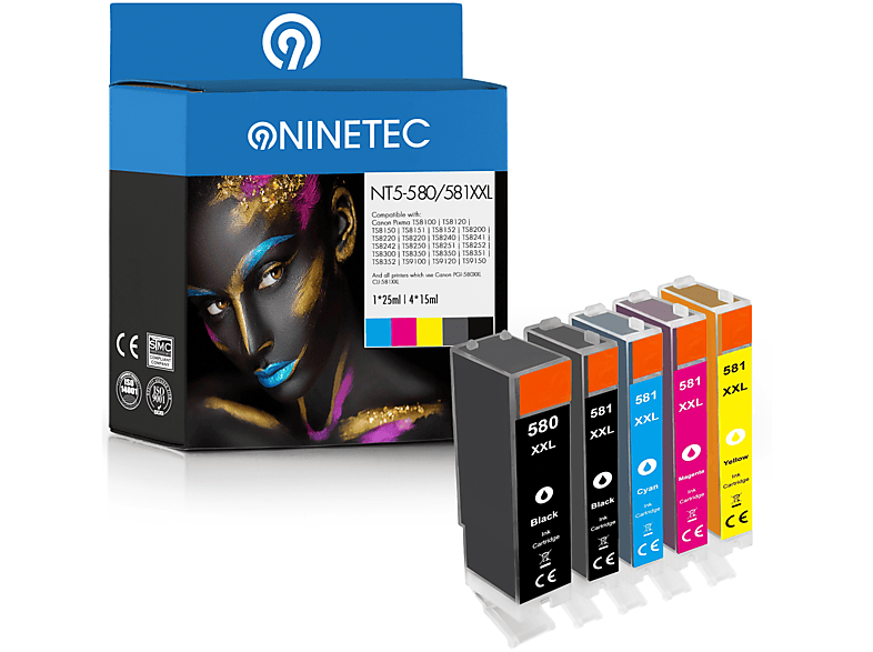 NINETEC 5er Set ersetzt cyan, Tintenpatronen (2024 CLI-581 006) yellow, magenta, photoblack PGI-580 black, Canon C
