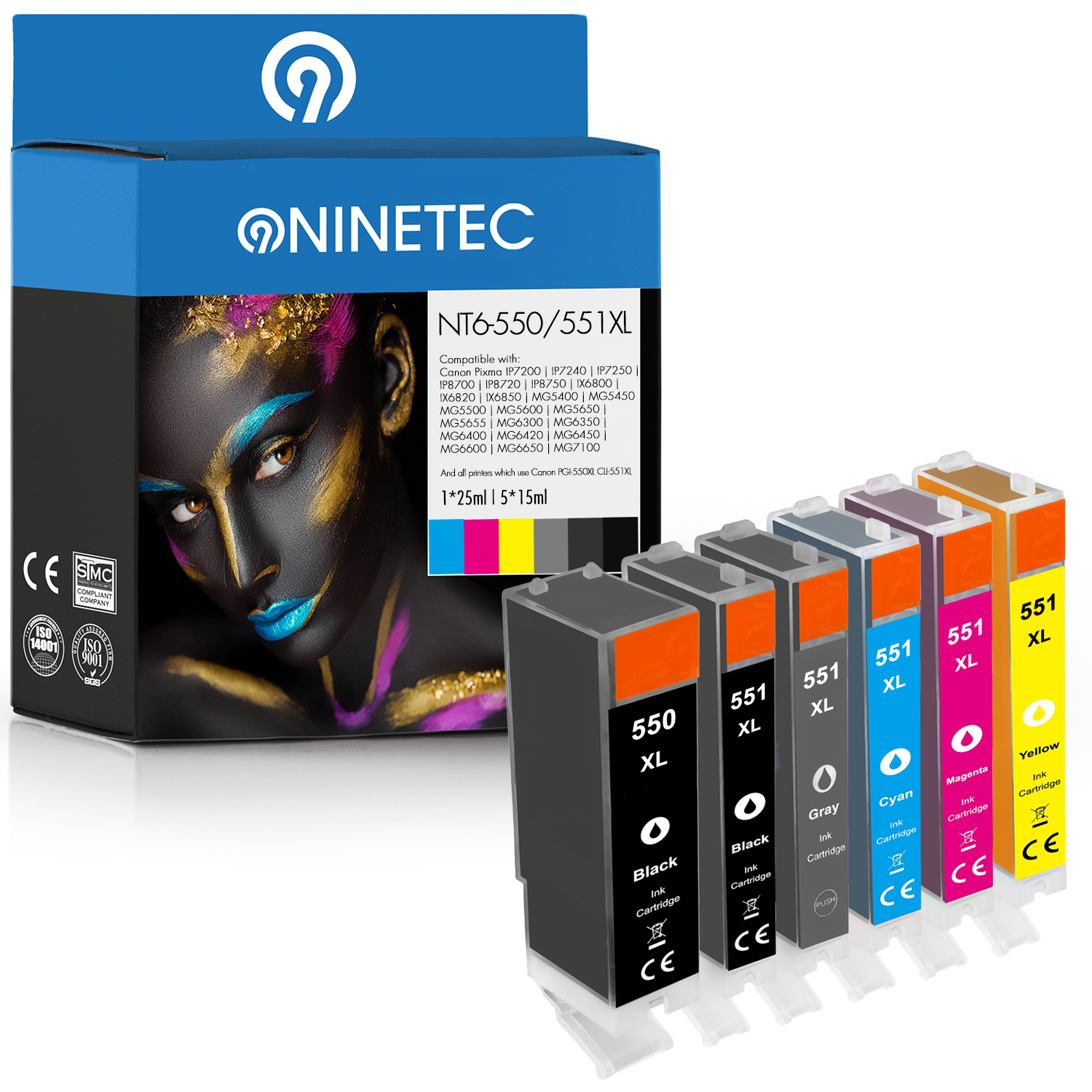 NINETEC 6er Set cyan, 010) (2933 yellow, black, ersetzt Tintenpatronen Canon B PGI-550 grey CLI-551 photoblack, magenta