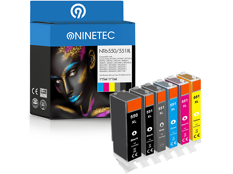 NINETEC 6er Set cyan, 010) (2933 yellow, black, ersetzt Tintenpatronen Canon B PGI-550 grey CLI-551 photoblack, magenta