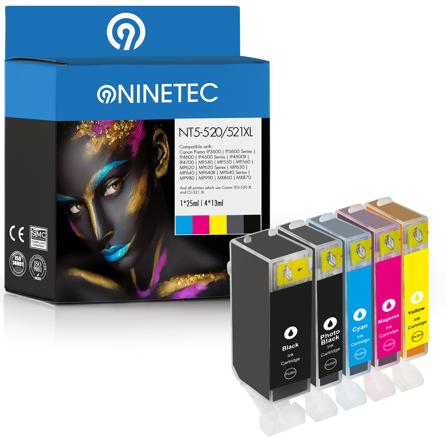 NINETEC 5er photoblack magenta, black, PGI-520 ersetzt Canon (2933 cyan, CLI-521 Tintenpatronen B 010) yellow, Set