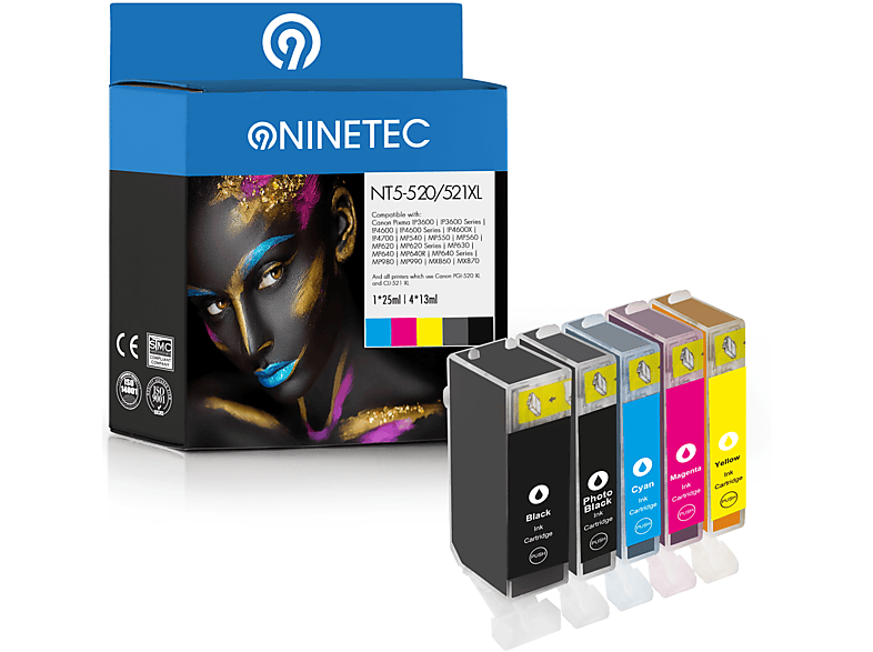 NINETEC 5er Set ersetzt Canon PGI-520 CLI-521 Tintenpatronen black, cyan, magenta, yellow, photoblack (2933 B 010)