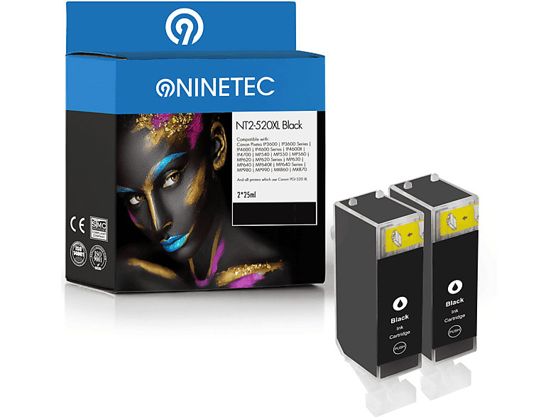 NINETEC 2er Set Patronen ersetzt Canon PGI-520 Tintenpatronen black (2932 B 001)