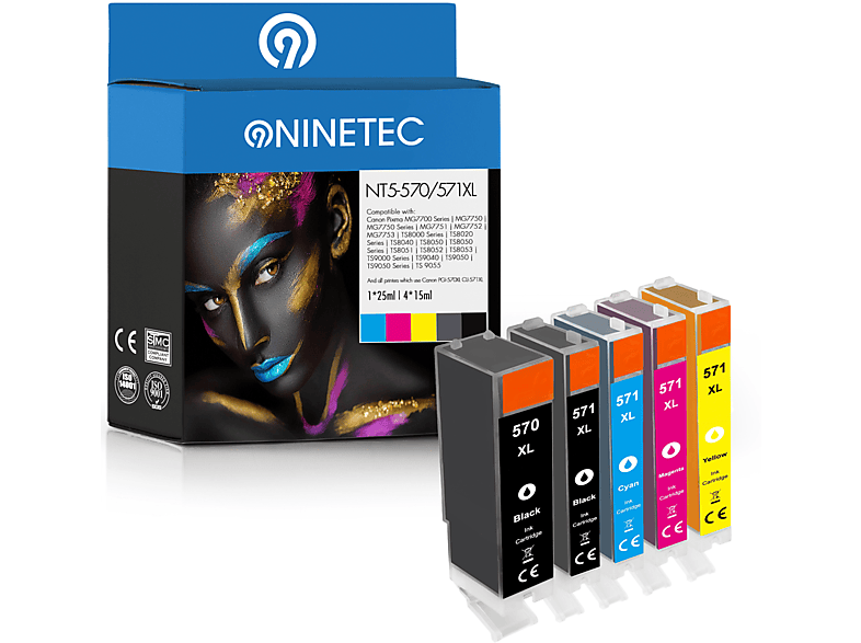 NINETEC 5er Set ersetzt Canon PGI-570 CLI-571 Tintenpatronen black, cyan, magenta, yellow, photoblack (0318 C 004)