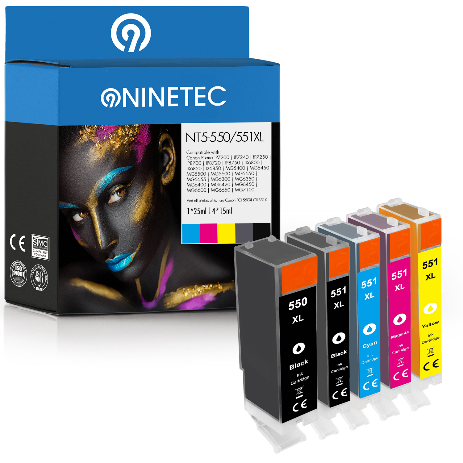 NINETEC 5er Set ersetzt black, yellow, Tintenpatronen photoblack CLI-551 cyan, (2933 010) Canon magenta, PGI-550 B