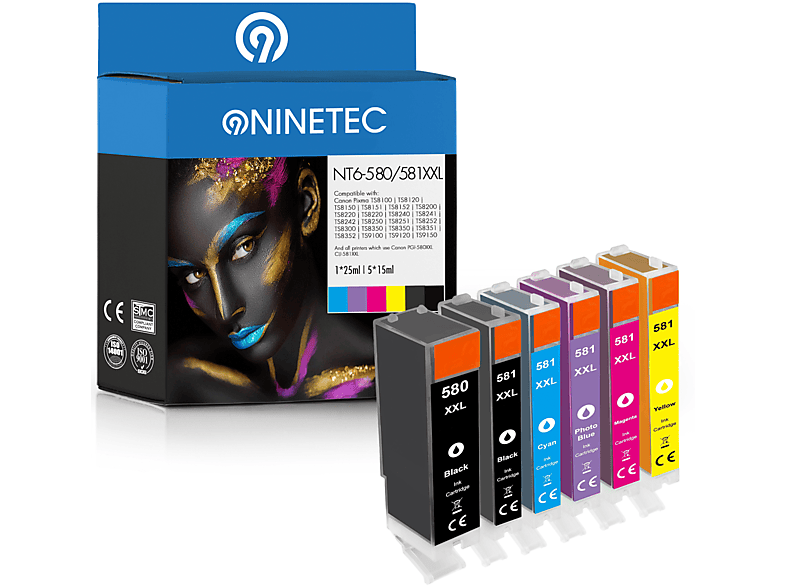 NINETEC 6er Set ersetzt Canon PGI-580 CLI-581 Tintenpatronen black, cyan, magenta, yellow, photoblack, photocyan (2024 C 006)