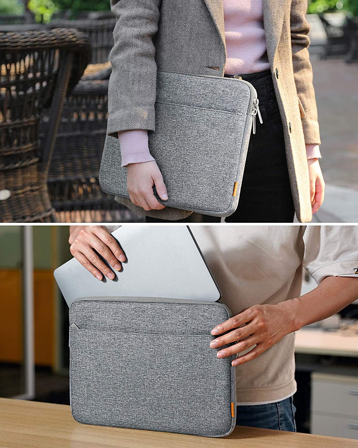 Zwei Bilder, wie ein Laptop in eine graue Laptoptasche gelegt wird. Hände sind sichtbar.