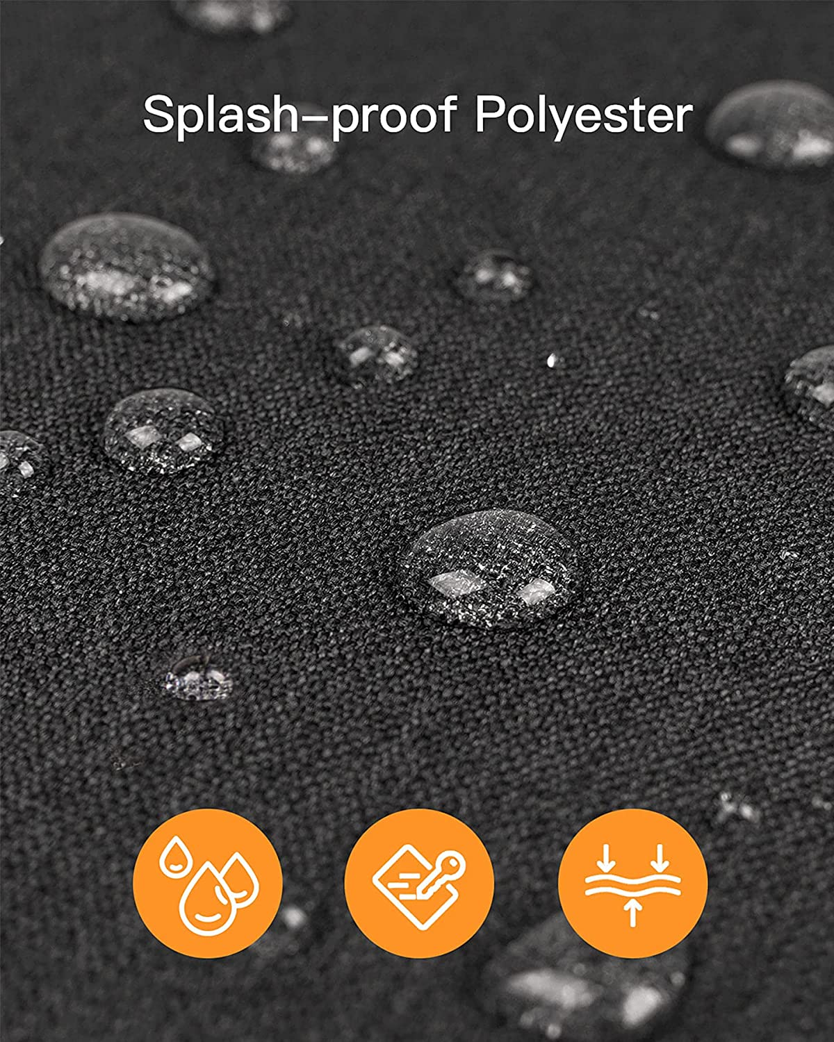 Schwarzer Stoff mit Wassertropfen. Der Text "Splash-proof Polyester" steht darüber. Icons sind unten.