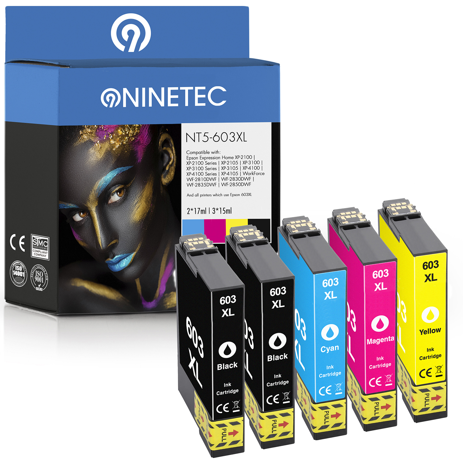 NINETEC 5er Set T Epson ersetzt black, 13 C yellow 03A44010) Patronen 03A34010, T C (C T Tintenpatronen T 13 cyan, magenta, C 13 03A24010, 603XL 03A14010, 13