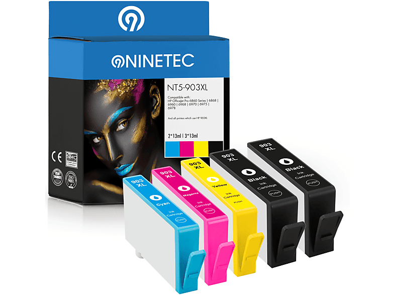 NINETEC 5er T6M03AE, (T6M15AE, Set Tintenpatronen yellow T6M11AE) T6M07AE, HP ersetzt black, Patronen magenta, cyan, 903XL