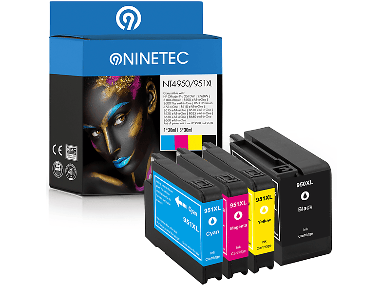 NINETEC 4er Set Patronen ersetzt HP 950XL 951XL Tintenpatronen black, cyan, magenta, yellow (CN 045 AE, CN 046 AE, CN 047 AE, CN 048 AE)