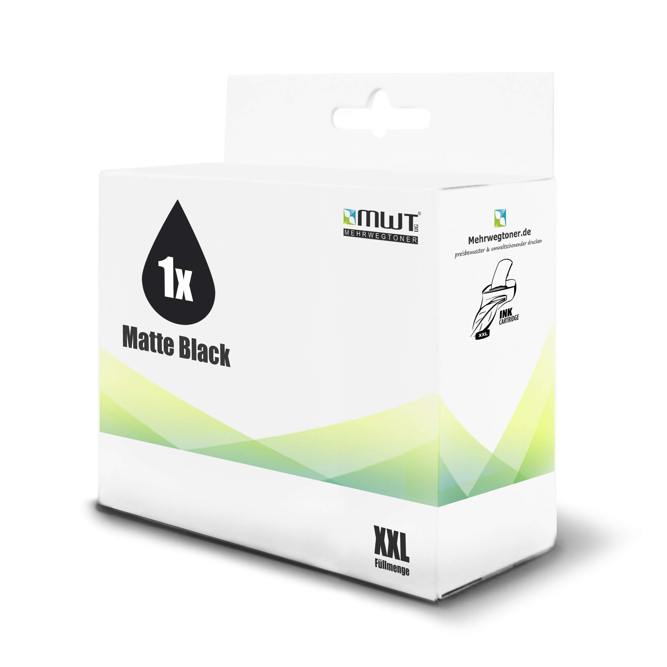 Eine schwarze, matte Tintenpatronenbox. Die Box trägt den Text „Matte Black“ und XXL.