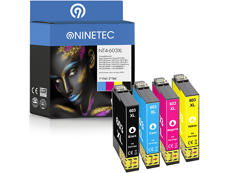 NINETEC 4er Set Patronen T 03A24010, T 13 T C 13 | black, magenta, 03A44010) cyan, MediaMarkt 03A34010, Tintenpatronen 13 C C ersetzt 13 (C yellow Epson 03A14010, 603XL T