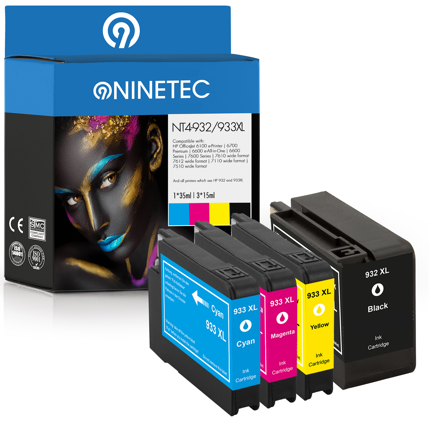 NINETEC 4er Set Patronen ersetzt 055 cyan, black, (CN 053 Tintenpatronen AE, AE, yellow AE) CN AE, magenta, 933XL 054 HP CN 932XL 056 CN