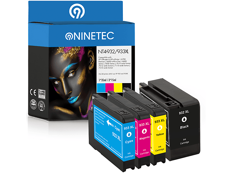 NINETEC 4er Set Patronen ersetzt HP 932XL 933XL Tintenpatronen black, cyan, magenta, yellow (CN 053 AE, CN 054 AE, CN 055 AE, CN 056 AE)